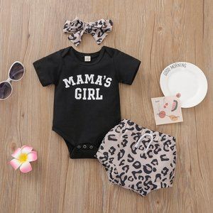 Girls Casual Round Neck Short Sleeve Letter Pattern Romper And Leopard Shorts Wi